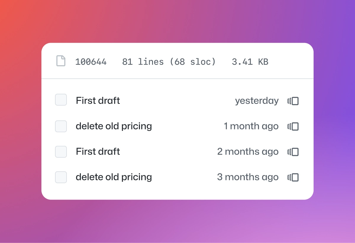 Image showing a file history showing four version entries with names and timestamps: 'First draft' and 'delete old pricing,' modified over the past few months.